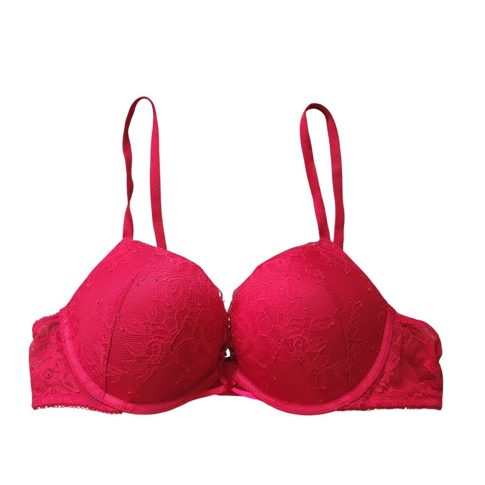 Victoria's Secret 36A Plunge Bra Womens Red Lace Very Sexy Push Up Underwire